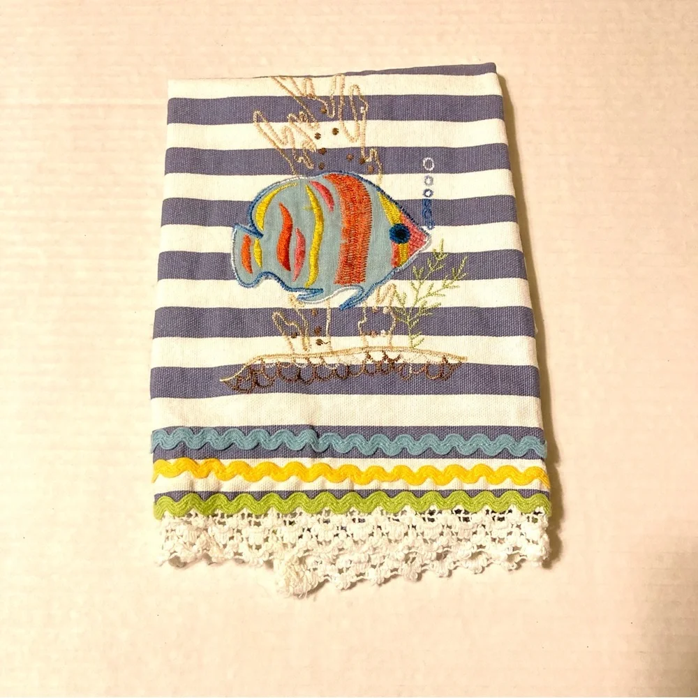 PIER 1 IMPORTS Nautical Stripe Fish Lace Embroidered Zig Zag Towel 29 x 17 in